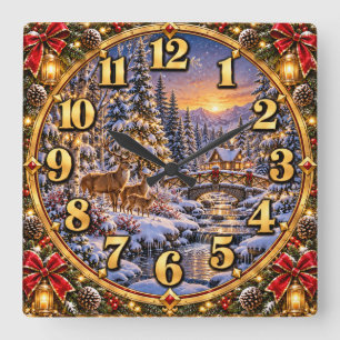 Christmas Deer Mountain Winter Wonderland Square Wall Clock