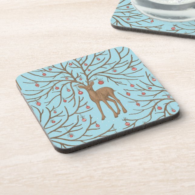 Christmas deer on blue coaster (Left Side)
