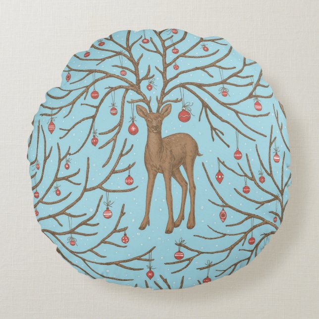 Christmas deer on blue round pillow (Front)
