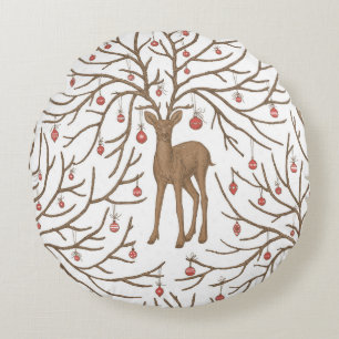 Christmas deer on white round pillow