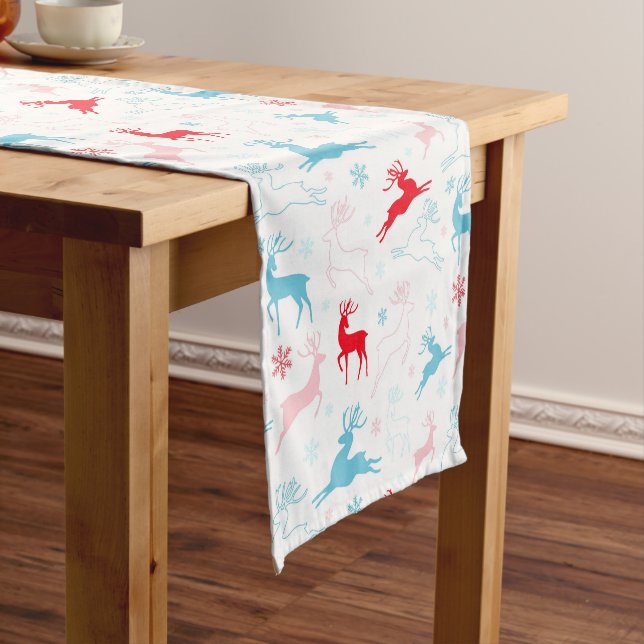 Christmas Deer Pattern Blue Red White Nordic Short Table Runner (In Situ)