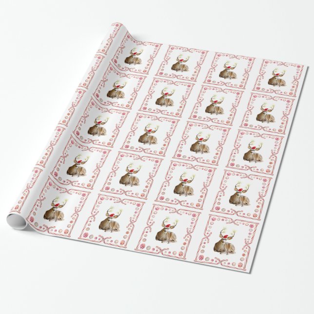 Christmas Deer Peppermint Candy Wrapping Paper (Unrolled)