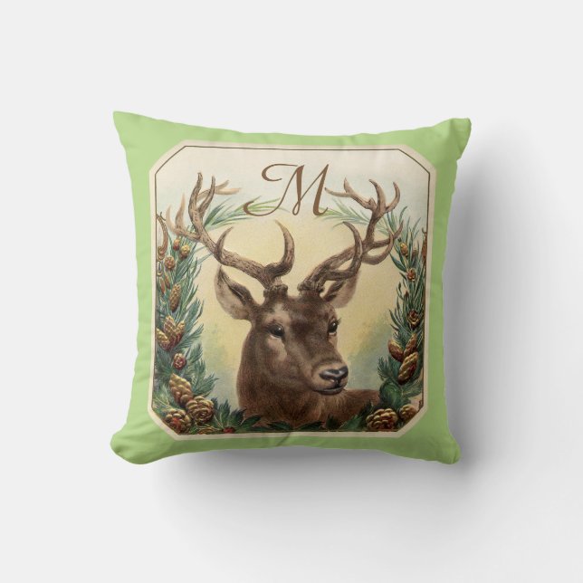 CHRISTMAS DEER,PINE CONE CROWN MONOGRAM Mint Green Throw Pillow (Front)