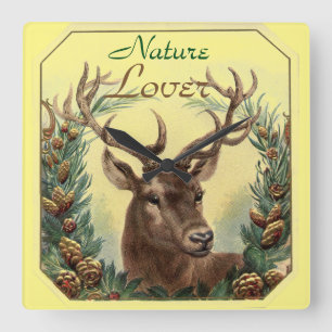 CHRISTMAS DEER,PINE CONE CROWN NATURE LOVER Yellow Square Wall Clock