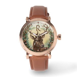CHRISTMAS DEER,PINE CONES CROWN,PINK GEMS MONOGRAM WATCH