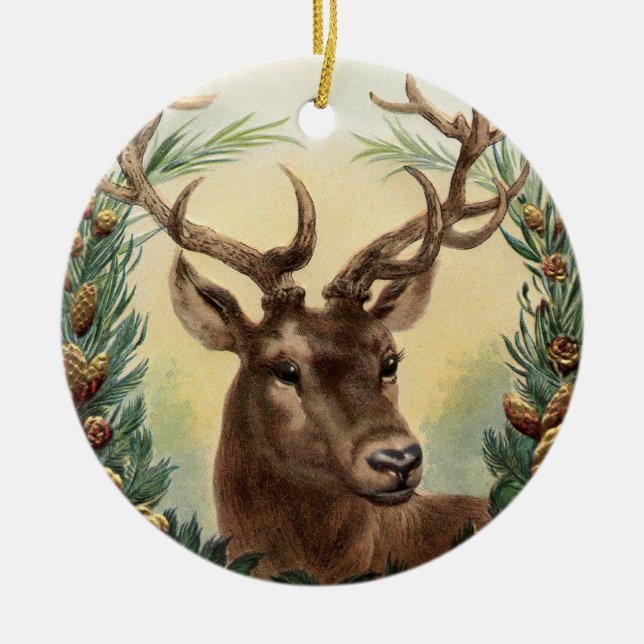 CHRISTMAS DEER,PINE CONES CROWN,RED GREEN GEMS CERAMIC ORNAMENT (Front)