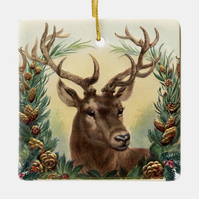 CHRISTMAS DEER ,PINE CONES CROWN,RED GREEN GEMS CERAMIC ORNAMENT (Front)