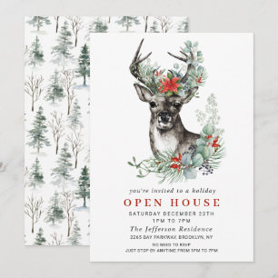 Christmas Deer Poinsettia Holiday Open House Invitation