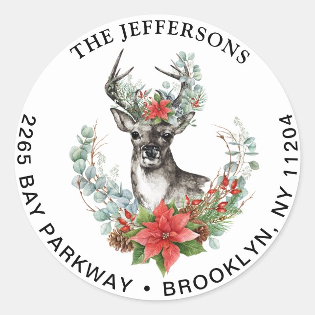 Christmas Deer Poinsettia Return Address Label (Front)