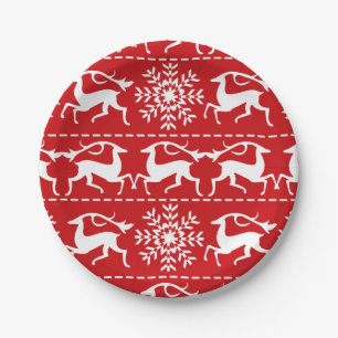 Christmas Deer Red and White Holiday Pattern Paper Plate