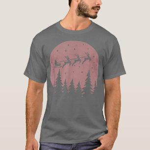 Christmas Deer Santa Claus On Sleigh Forest Night  T-Shirt