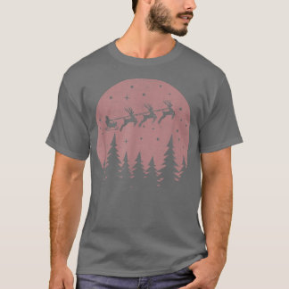 Christmas Deer Santa Claus On Sleigh Forest Night T-Shirt