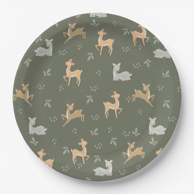 Christmas Deer Seamless Pattern Paper Plate (Front)
