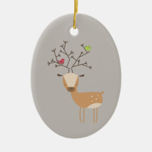 Christmas Deer with Birds Ceramic Ornament