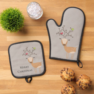 Christmas Deer with Birds Oven Mitt & Pot Holder Set