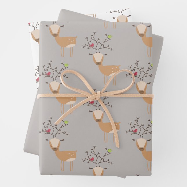 Christmas Deer with Birds Wrapping Paper Sheet (In situ)