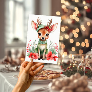 Christmas Deer with Green Hat Flat Holiday Card