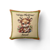 Christmas Deer with Name Throw Pillow
