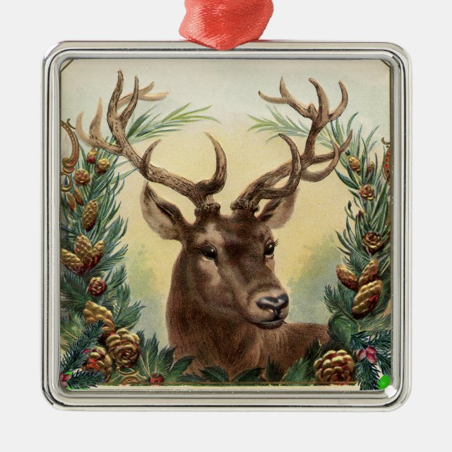 CHRISTMAS DEER WITH PINE CONES CROWN Brown Green Metal Ornament (Front)