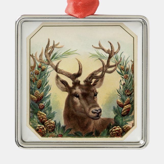 CHRISTMAS DEER WITH PINE CONES CROWN METAL ORNAMENT (Front)