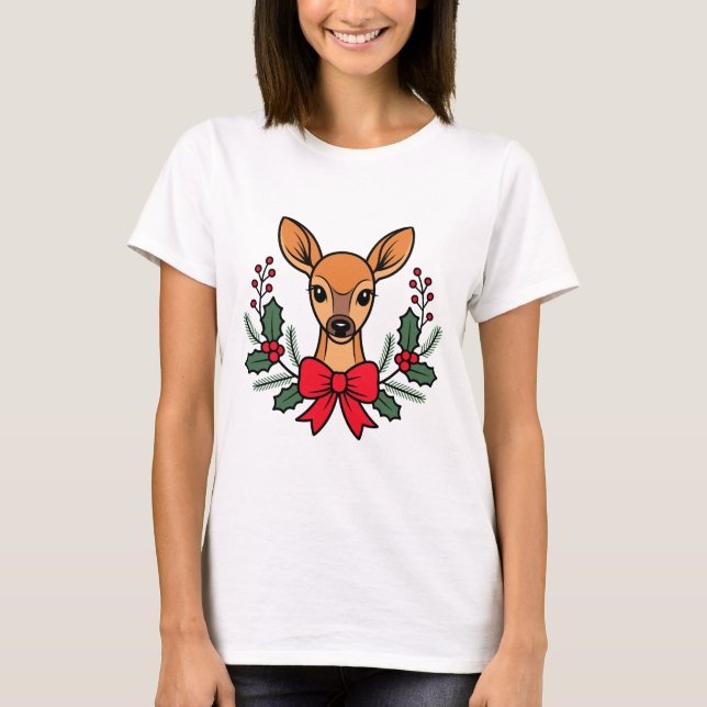 Christmas Deer with Red Bow Holly Wreath Holiday T-Shirt (Front)