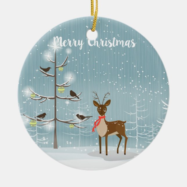 Christmas Deer With Red Scarf Ceramic Ornament (Front)