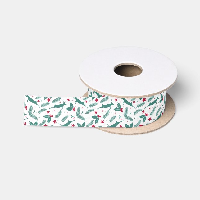 Christmas deers & Holly pattern Satin Ribbon (Spool)