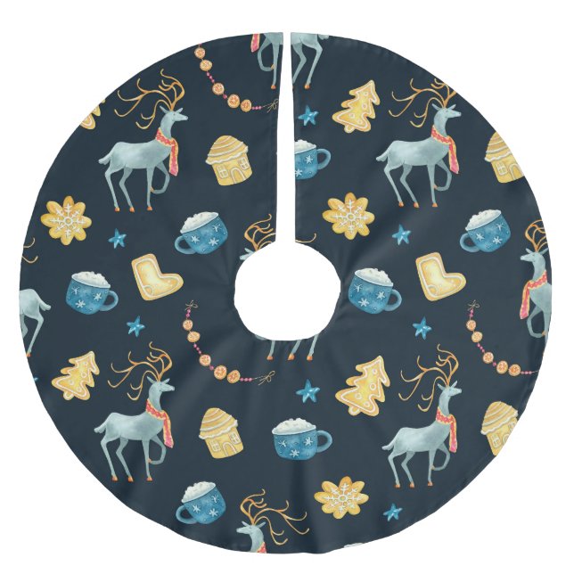 Christmas Deers: Watercolor Seamless Pattern Brushed Polyester Tree Skirt (Front)