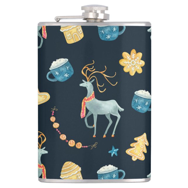 Christmas Deers: Watercolor Seamless Pattern Hip Flask (Front)