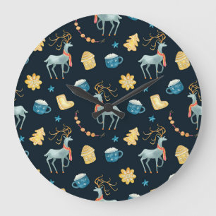 Christmas Deers: Watercolor Seamless Pattern Large Clock