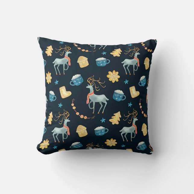 Christmas Deers: Watercolor Seamless Pattern Throw Pillow (Front)