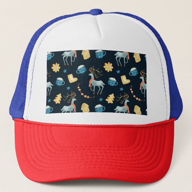 Christmas Deers: Watercolor Seamless Pattern Trucker Hat (Front)