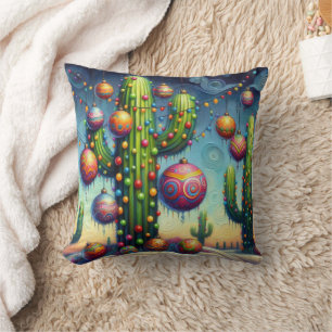 Christmas Desert Southwest Saguaro Cactus Seasonal Throw Pillow