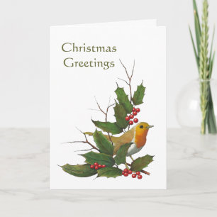Christmas Design: English Robin, Holly, Berries Holiday Card