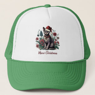 Christmas Devon Rex Cat: Santa Hat and Flowers