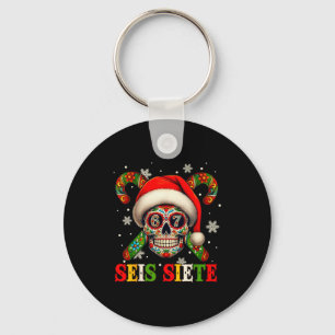 Christmas Dia De Los Muertos Sugar Skull Seis Siet Keychain