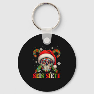 Christmas Dia De Los Muertos Sugar Skull Seis Siet Keychain