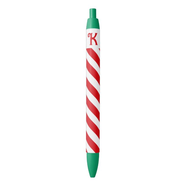 Christmas Diagonal Red and White Stripes Initial Black Ink Pen (Front Vertical)