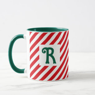 Christmas Diagonal Red and White Stripes Initial Mug
