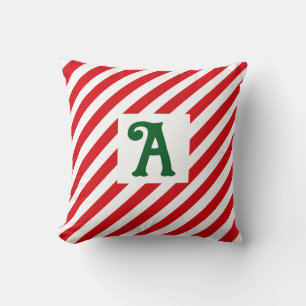 Christmas Diagonal Red and White Stripes Initial Throw Pillow