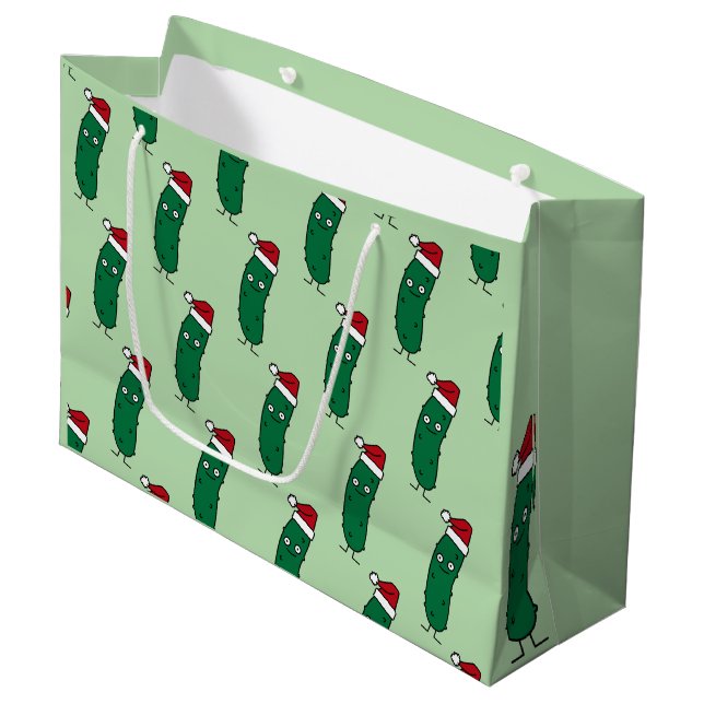 Christmas Dill Pickle wearing a Santa Hat Large Gift Bag (Front Angled)