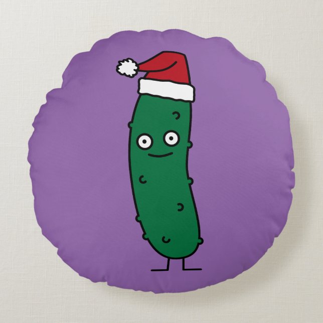 Christmas Dill Pickle wearing a Santa Hat Round Pillow (Front)