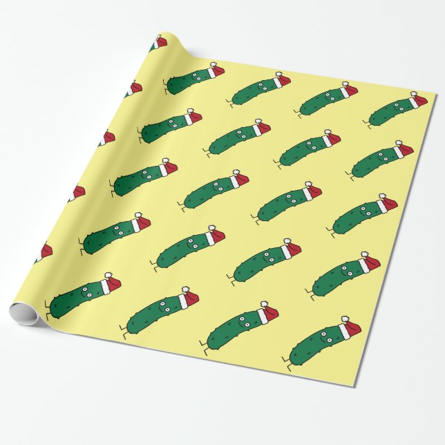 Christmas Dill Pickle wearing a Santa Hat Wrapping Paper (Unrolled)