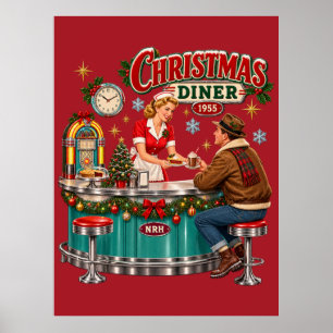 Christmas Diner 1955 Retro Wall Art Poster - Vinta