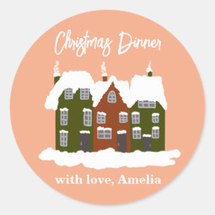 Christmas Dinner Holiday Party Houses Green Classic Round Sticker