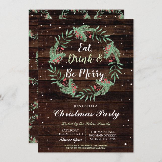 Christmas Dinner Party Day Holidays Wood Xmas Invitation (Front/Back)
