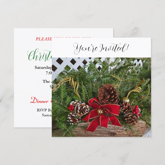 Christmas Dinner Party Evergreen Pine Cones Holiday Card (Front/Back)