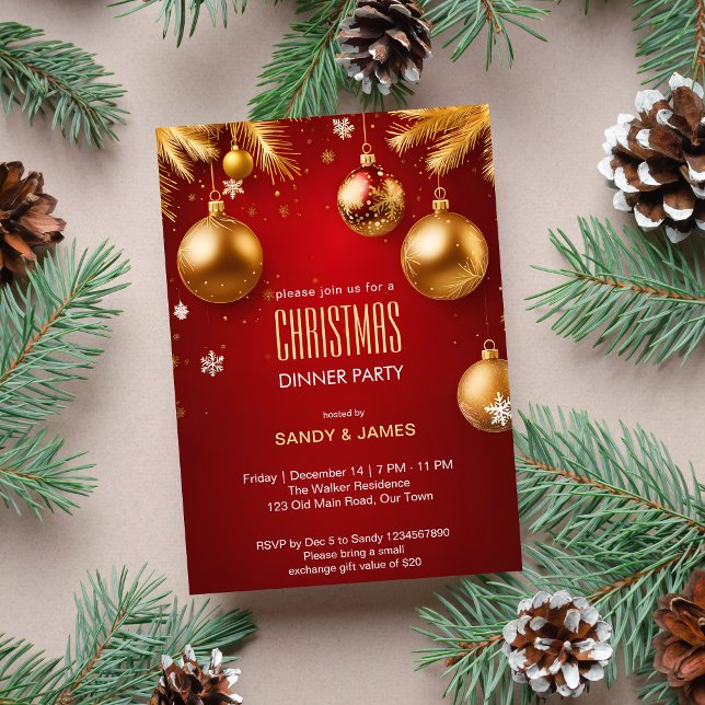 Christmas dinner party gold and red baubles invitation (Christmas dinner party template invitation digital download red and gold chic elegant Christmas card)