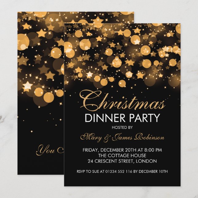 Christmas Dinner Party Gold Sparkling Stars Invitation (Front/Back)