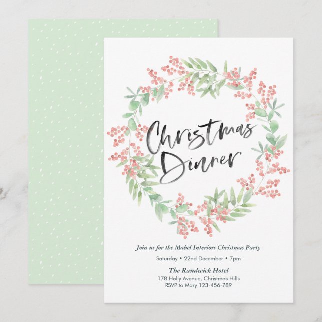 Christmas dinner party Invitation | holly wreath (Front/Back)